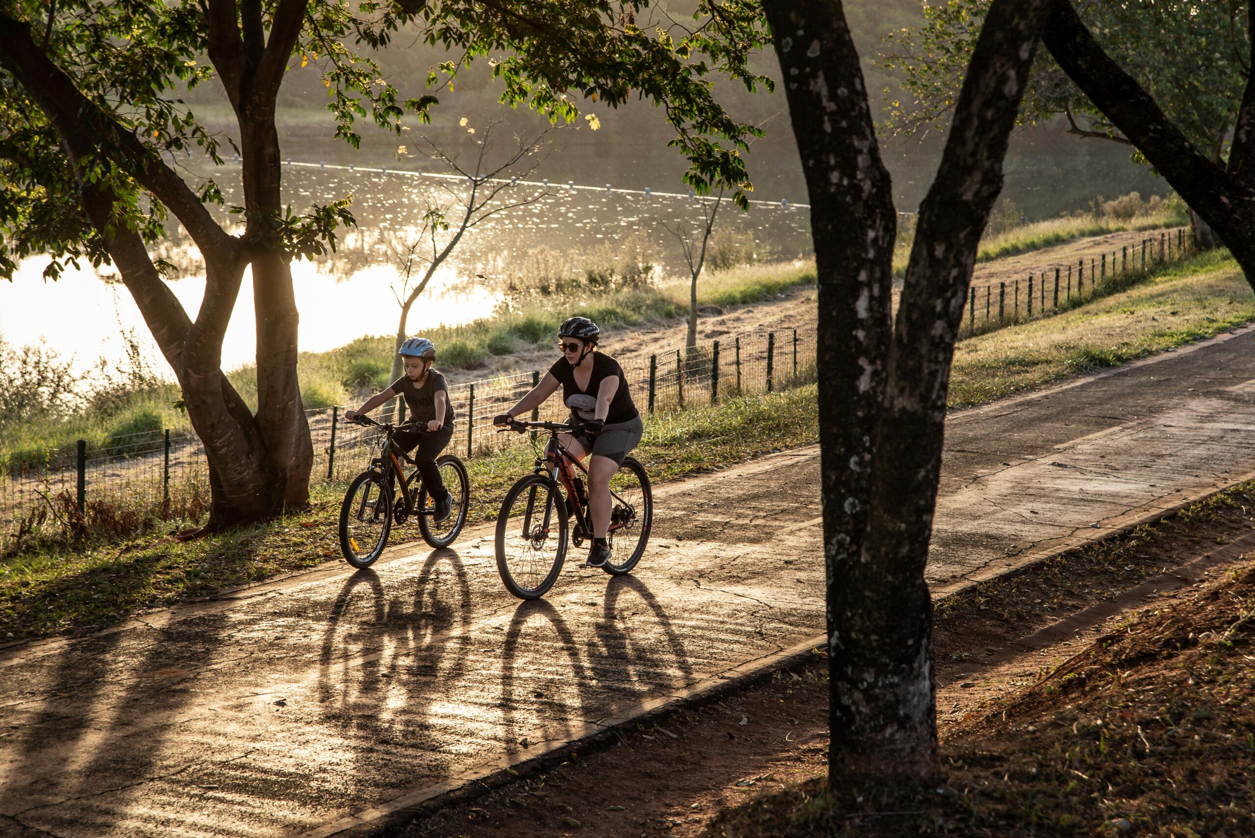 mom and kid biking